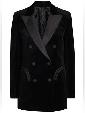 Black Velvet & Satin Trim Long Line Fitted Blazer With Smiley Pockets